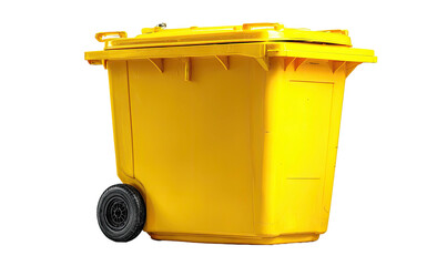Yellow trash receptacle on wheels