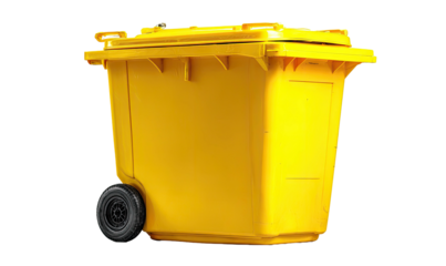 Yellow trash receptacle on wheels