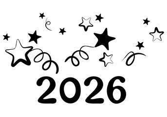 The inscription 2026 surrounded by fireworks and streamers. Vector, isolated, festive composition in black in flat style. Stylish lettering design for social media, designers, promotions, discounts