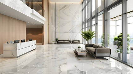modern corporate office lobby with marble floors, designer sofas, stylish reception desk, large windows, clean architectural lines, cinematic 16:9