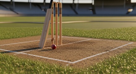Cricket pitch with wickets and ball ready for game.