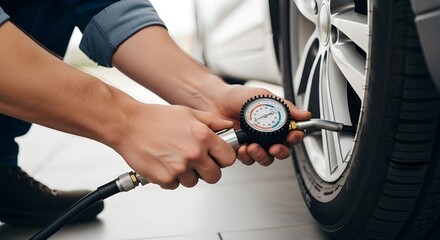 person checking car tire pressure with a gauge