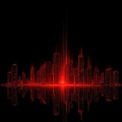 Abstract city skyline illuminated in vibrant red hues, reflecting on a dark surface, creating a futuristic and mysterious cityscape.