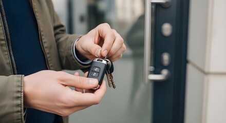 man holding modern car keys remote control outdoors
