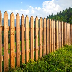 Wooden picket fence in a grassy field, mountains in background
