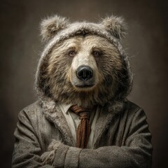 Anthropomorphic Bear: A unique character wearing a suit, blending wild nature with refined attire in a surreal, eye-catching portrait. 