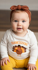 Smiling baby wearing brown headband and Thanksgiving-themed outfit, showcasing autumnal colors and holiday spirit