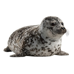 Png of a cute spotted seal pup resting on a transparent background, looking adorable and curious isolated on transparent background