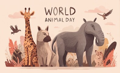 Vibrant World Animal Day celebration banner showcasing majestic wild creatures in a dynamic, artistic scene for impactful conservation messaging and wildlife awareness campaigns