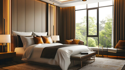 luxury hotel suite bedroom with king-size bed, large windows, warm lighting, elegant furniture, cinematic hospitality design, 16:9