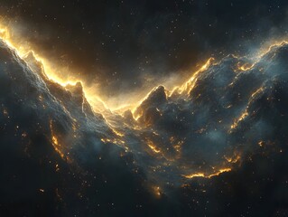 Fototapeta premium Cosmic mountain range illuminated by golden nebula light and stars