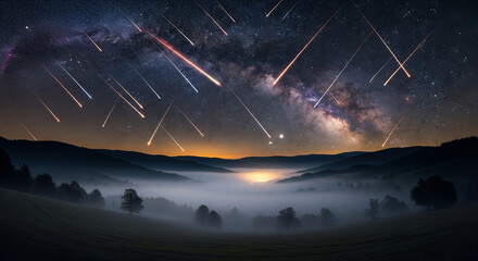 Spectacular Meteor Shower Under the Milky Way Over a Misty Valley Landscape
A breathtaking, long-exposure night landscape capturing a dramatic and prolific meteor shower across the vibrant Milky Way 
