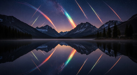 Celestial Rainbow: Vibrant Meteor Trails Reflected in Alpine Lake
An absolutely stunning and fantastical night landscape capturing a colorful meteor shower streaking across the sky above a mountain