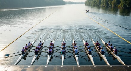 Rowing Teams Compete on Calm Waters in a Race.