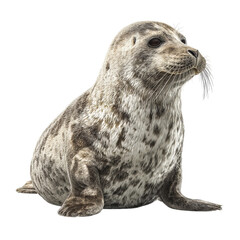 Png of adorable spotted seal isolated on transparent background, sitting upright and curiously looking up in a studio shot