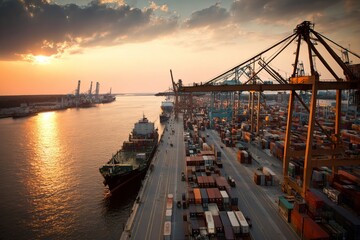Obraz premium Container port with cargo ships and cranes at sunset