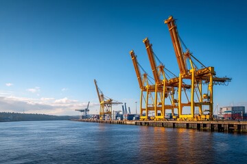 Fototapeta premium Container cranes at industrial port under clear blue sky