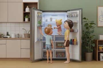 Cartoon family reaching for snacks inside a modern refrigerator in a bright, cheerful kitchen that evokes a sense of playful family fun and healthy eating