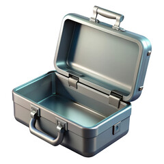 Open silver metal briefcase with a sturdy handle isolated on transparent background