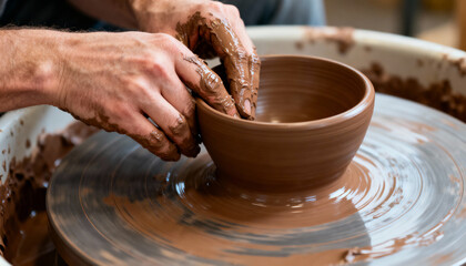 Caucasian adult hands shaping a smooth clay bowl on a spinning pottery wheel, artisan creating handmade ceramic pot, close-up of creative pottery making process