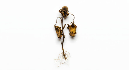 A close-up shot of a withered plant with brown leaves and exposed roots, isolated on white.