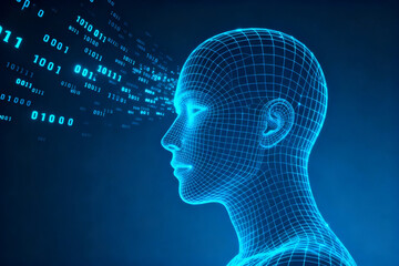 Digital human head model with binary code in background