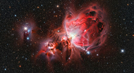 Spectacular Deep Space View of Vibrant Red Orion Nebula and Star Cluster
An absolutely stunning, high-resolution deep-space photograph showcasing the majestic Orion Nebula (M42)
