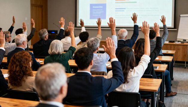 Diverse professional business group raising hands in corporate meeting conference room, teamwork collaboration and engagement, business presentation and discussion concept