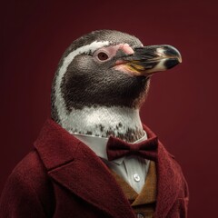 A dignified penguin portrait, dapper in a tailored suit. The charming gentleman of the Antarctic, ready for a formal affair.