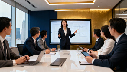 Female business leader presenting strategy during professional corporate meeting in modern conference room with digital whiteboard and diverse team engaged in discussion