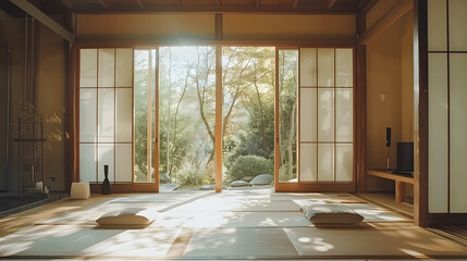 Japanese zen interior design with tatami mats, shoji screens, minimal wooden furniture, natural light, peaceful atmosphere, cinematic 16:9