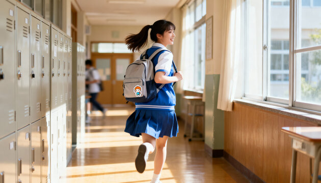 Female high school student walking to class with backpack in school hallway, education, learning, teenage girl, youth, school life, casual clothing, young adult, studying, campus atmosphere