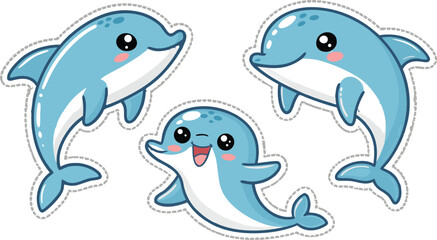 Naklejka premium Three Adorable Blue Dolphins Are Playfully Smiling And Seem Very Joyous