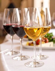 Wine glasses filled with red and yellow liquids on a table