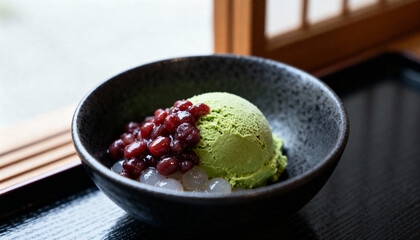 A scoop of matcha green tea ice cream, a traditional Japanese dessert, served in a black ceramic bowl with sweet azuki red bean paste and shiratama dango mochi toppings.