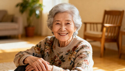 Portrait of a happy, beautiful senior Asian woman with a warm smile. Cheerful elderly grandmother sitting at home. Concept for healthy aging, retirement lifestyle, contentment.