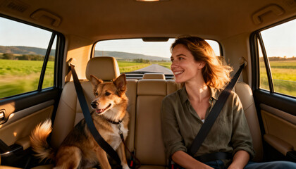 Woman travels with her dog by car. Pet safety concept. Owner and dog buckled up in backseat on a road trip. Scenic journey through countryside at sunset. Companionship, adventure.