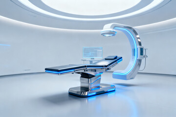 Modern surgical operating room with futuristic medical equipment and illuminated examination table