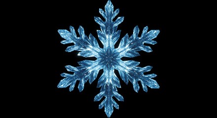 Detailed Blue Ice Snowflake on Black Background, Intricate Winter Crystal Macro Shot