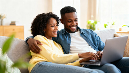 Happy diverse multiethnic couple using digital technology, smiling young people enjoying modern gadgets, multicultural relationship, positive lifestyle, communication concept