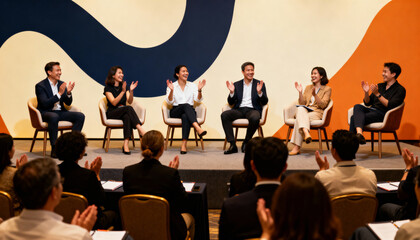 Happy diverse professionals enjoying a lively panel discussion on stage, business event with enthusiastic audience clapping, teamwork and communication concept