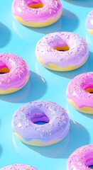 Colorful donuts with sprinkles arranged on a bright blue background in a playful display at a dessert shop