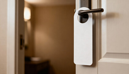 Blank door hanger mockup on hotel room door handle. Empty white sign for 'do not disturb' or custom text. Concept for hotel privacy, service, warning, or advertising design.