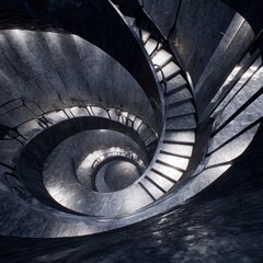 A gray spiral staircase, winding upward through a stone structure, illuminated by soft light filtering through the architectural design.