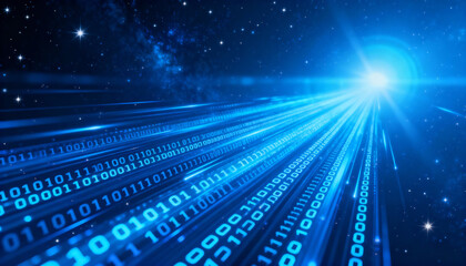 Binary code streams cascading in space. Digital data transfer, information technology background. High-speed network connection concept. Future of tech, cyberspace and matrix.