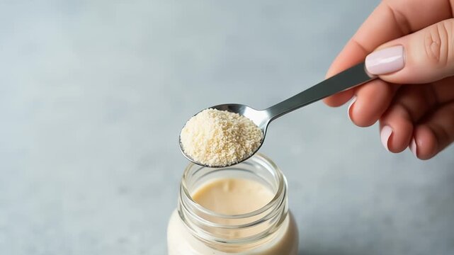 Adding nutritional yeast to a smoothie in a jar with a spoon in a healthy lifestyle