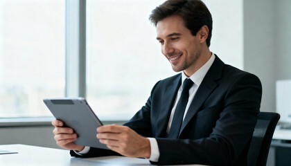 Confident businessman working on digital tablet in modern office. Successful professional manager using technology for corporate business. Executive with mobile device at workplace.