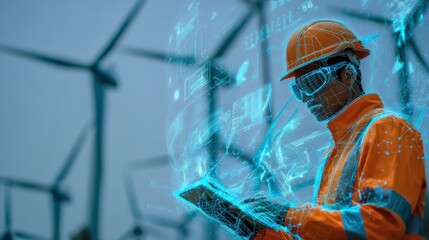 Engineer Using Holographic Interface at Wind Farm