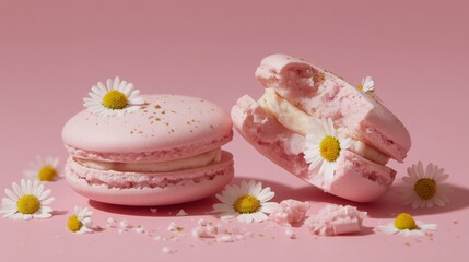 Pink macarons with cream filling and daisies on a soft pink background create a sweet and charming dessert scene