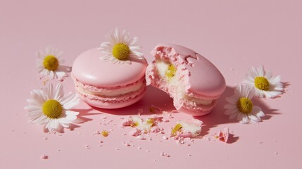 Pink macarons with a floral touch on a pastel background showcasing sweetness and elegance